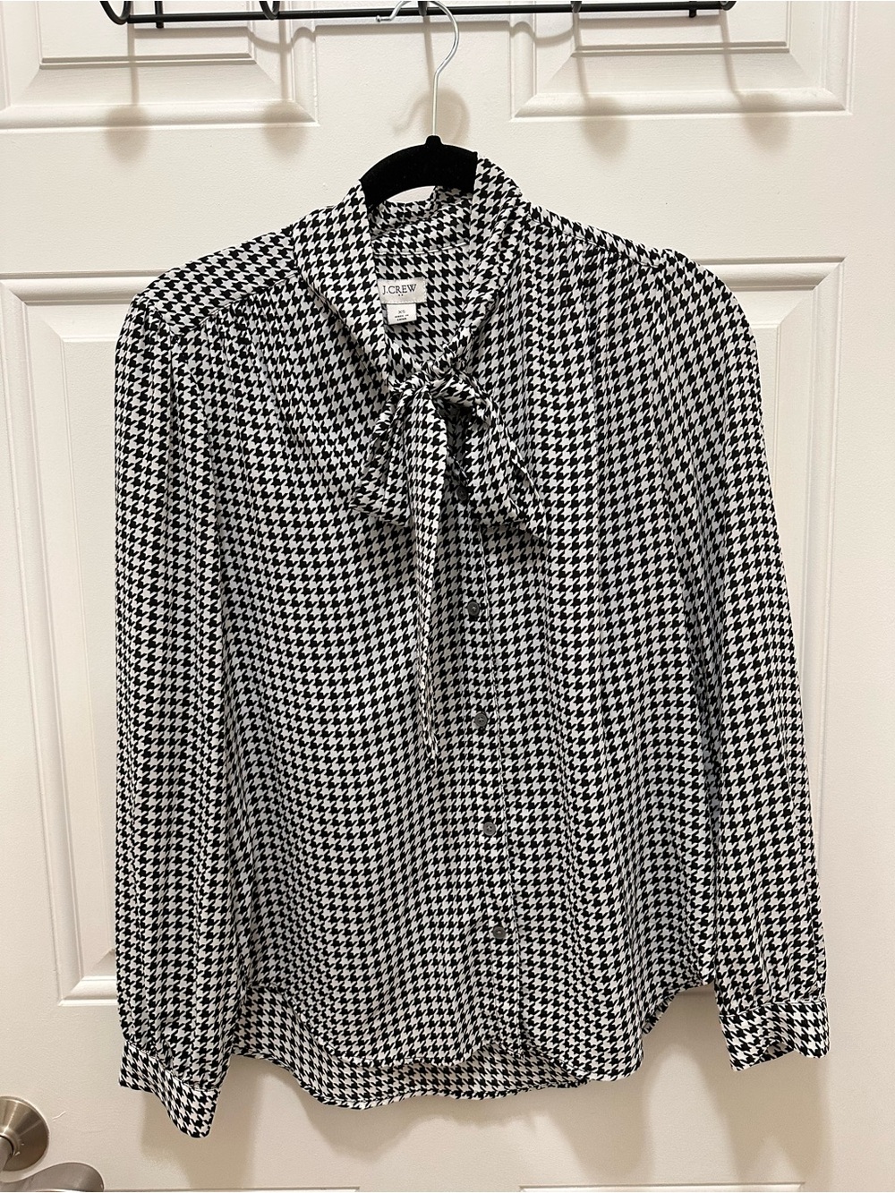 J. Crew Black and White Houndstooth Tie-Neck Blouse
